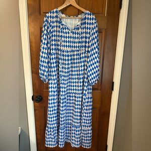 Blue, White, Pink/peach Diamond Pattern Maxi Dress 3/4 Sleeve XXL